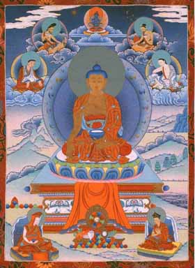 Shakyamuni Buddha surrounded by Karma-Kagyu lineage teachers